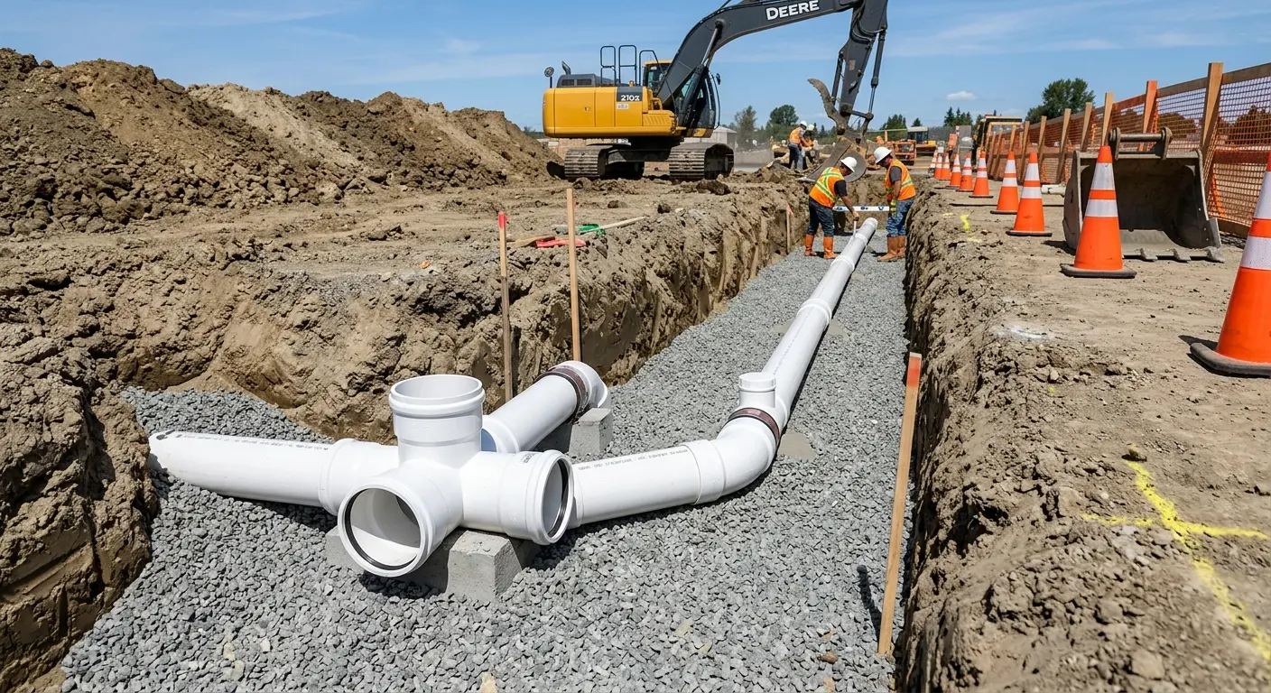 New PVC sewer pipe installation in open trench for Commercial Drain Cleaning in New River