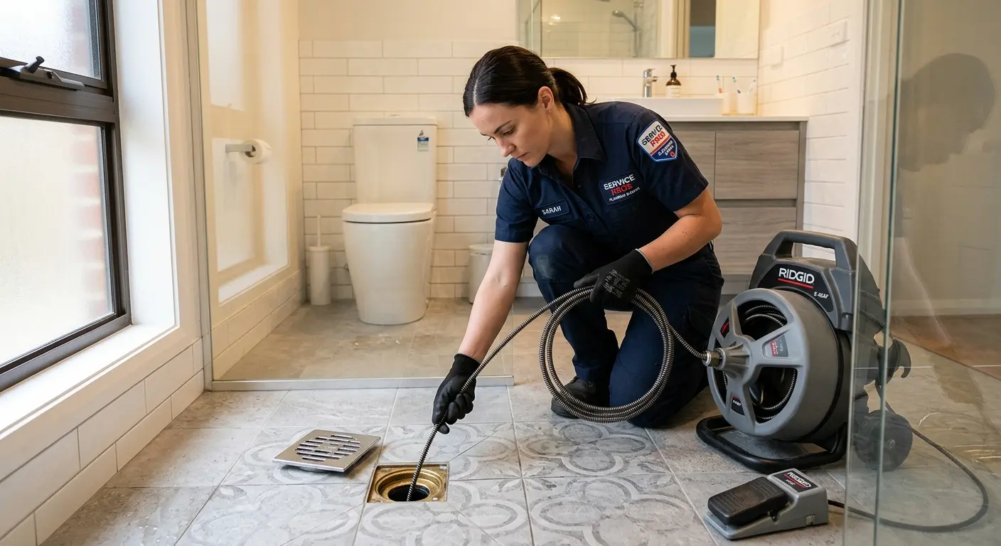 Technician clearing a bathroom floor drain for Drain Repair in New River
